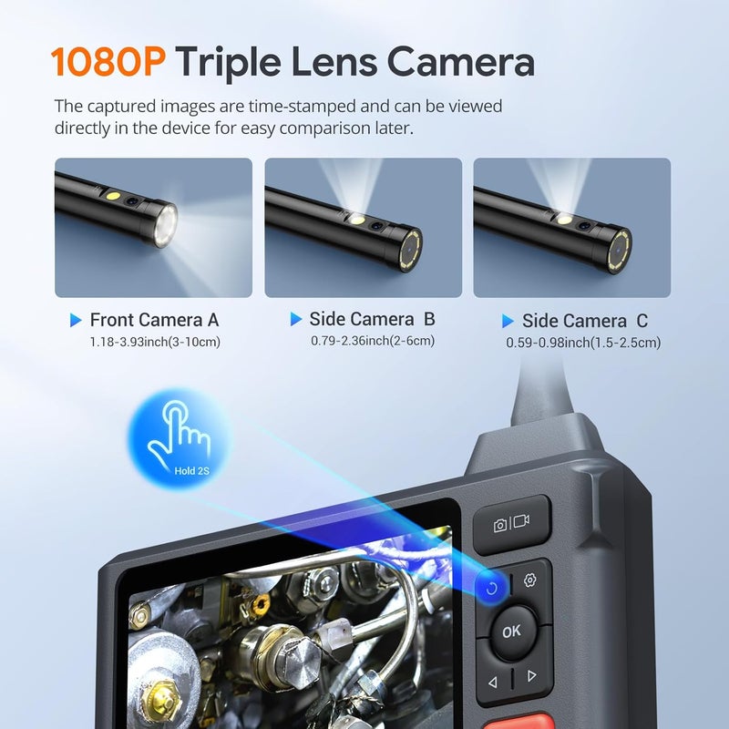 DEPSTECH Triple Lens Borescope Tool, 5" IPS Screen Endoscope Camera with Lights, 1080P Sewer Inspection Camera & Split Screen, 180° Rotation, IP67 Snake Cable, Gadget for Automotive Mechanical Repair - Image 2
